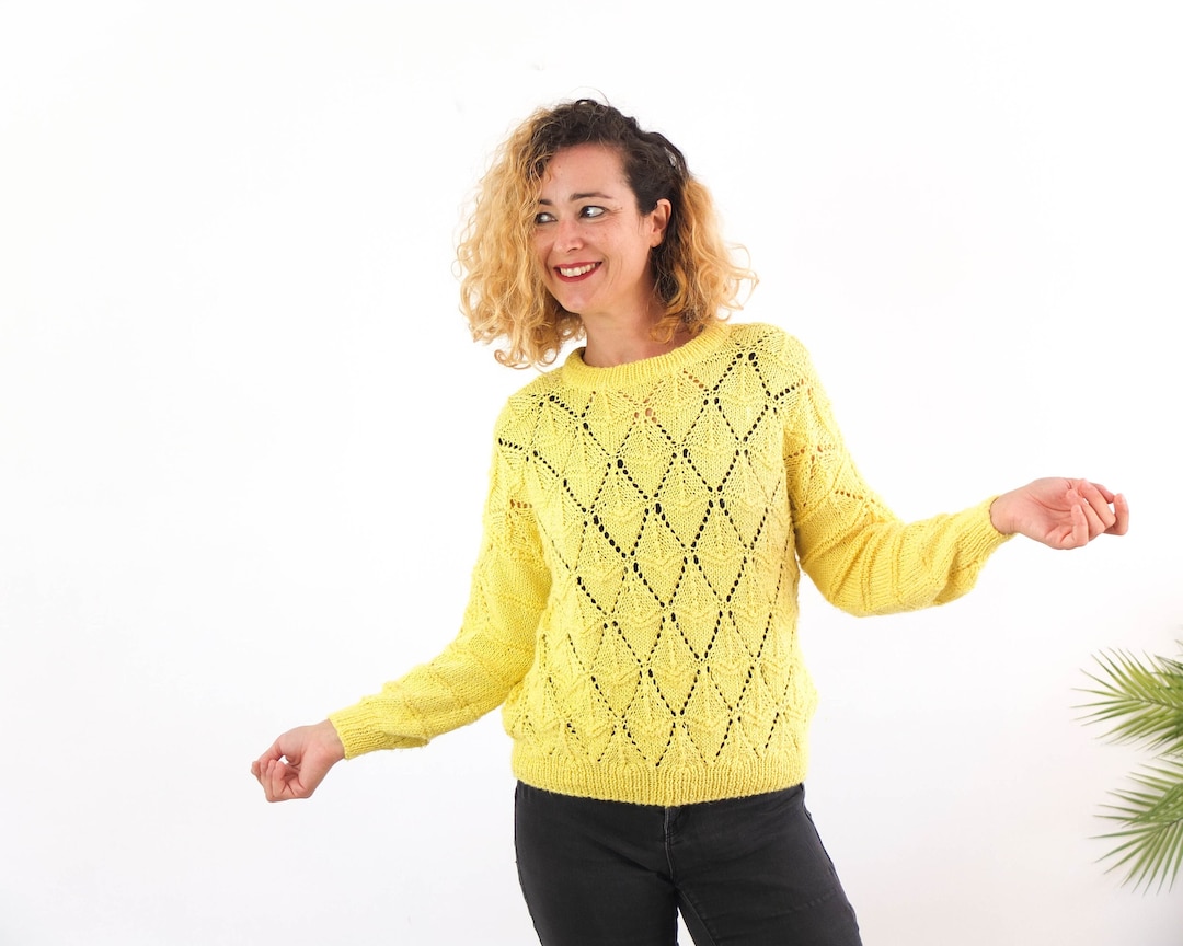 Vintage 80s Open Knit Sheer Sweater, Open Weave Yellow Sweater, 80s