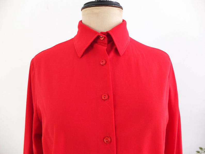 Vintage 70s red button up shirt, 1970s disco shirt for women, 70s retro collared shirt long sleeve, Plain red polyester button shirt, M L image 5