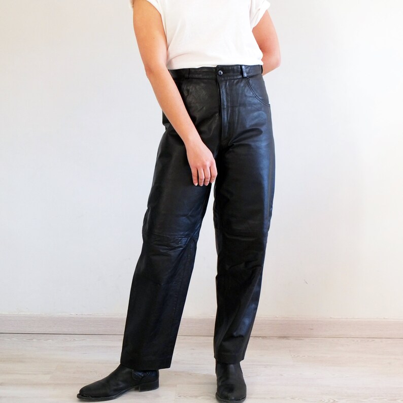 Women genuine leather pants Biker motorcycle pants 30 31 inch Vintage plus size black leather pants Vintage high waist leather pants