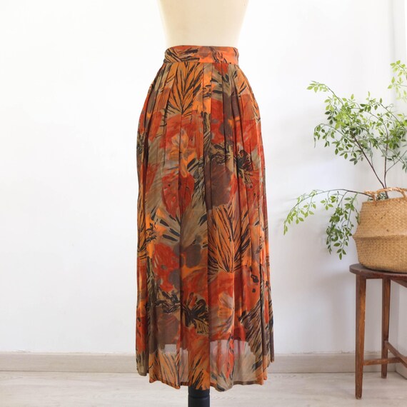 Vintage 80s Boho Chiffon Sheer Skirt, 80s Floral Pleated Maxi