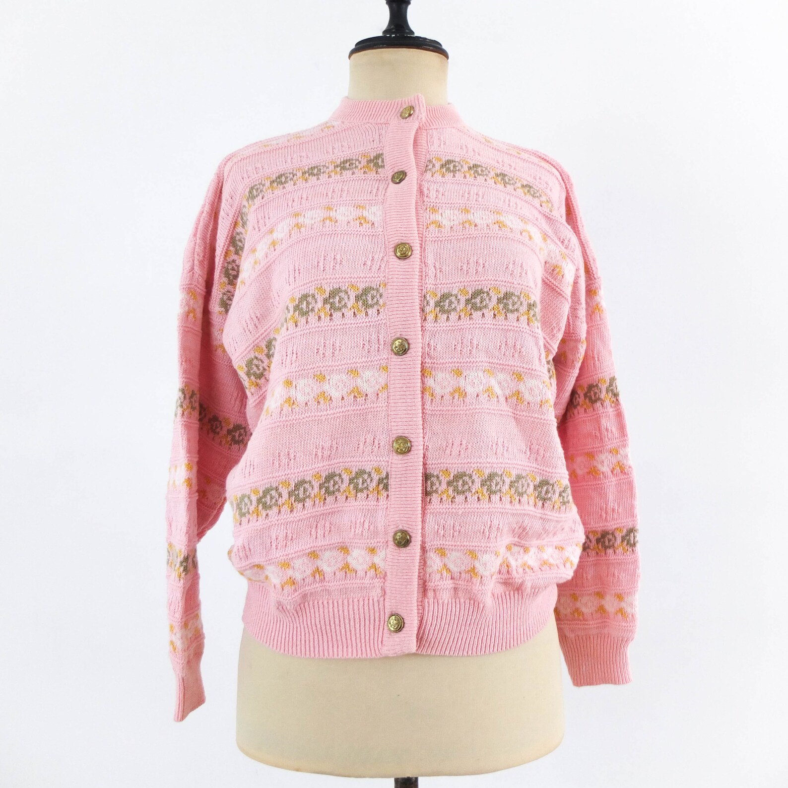 Vintage pink cotton cardigan Floral pink retro cardigan | Etsy