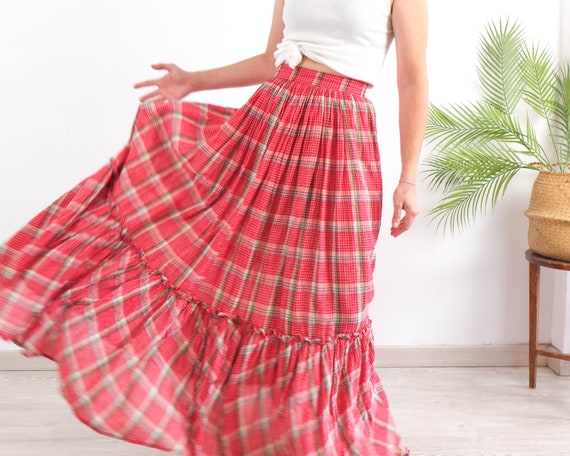 Vintage 70s red prairie maxi skirt, 70s cotton pl… - image 8