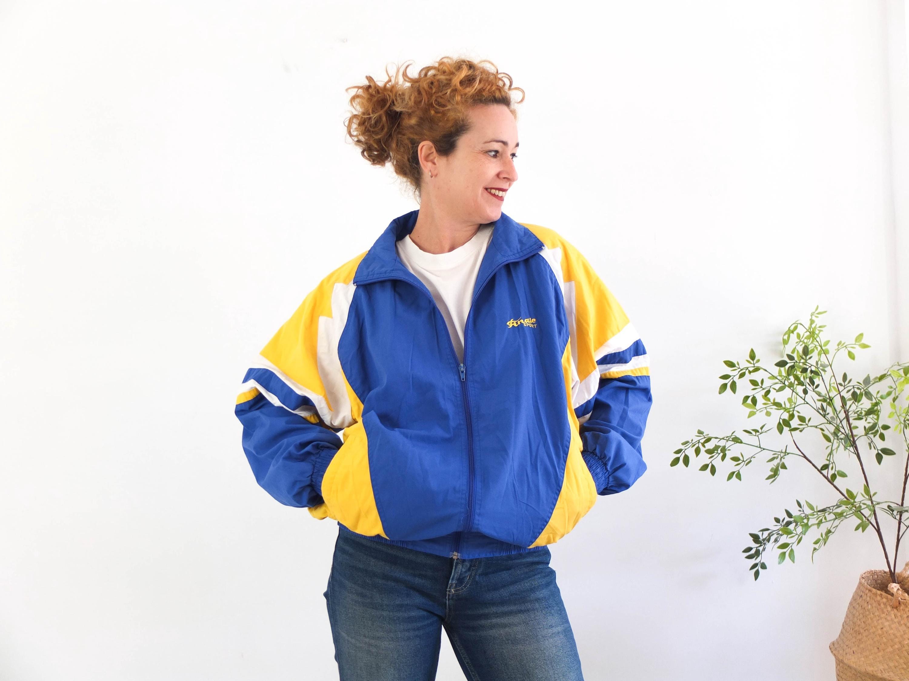 90s‼️ ジップアップジャケット 青/黄 Vintage 90s Color Block Crazy Track Jacket, Retro Cotton Zip up
