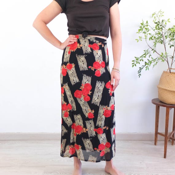Vintage 90s Floral Maxi Skirt, 90s Grunge a Line Skirt, Lace and