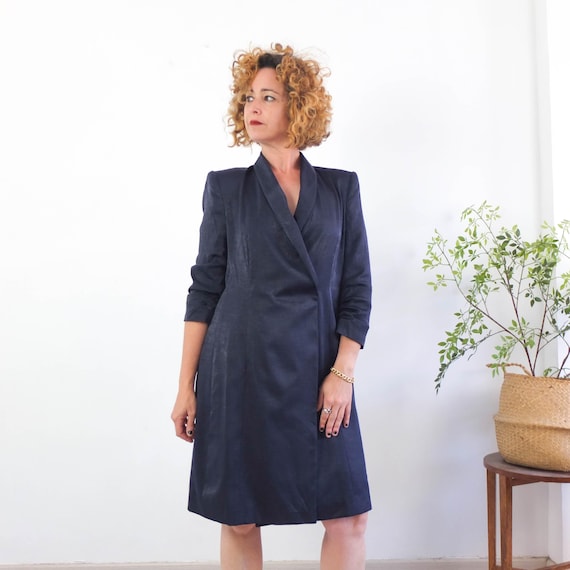 Vintage 90s Navy Blue Blazer Dress, 1990s Double Breasted Dress, Size Large, Minimalist Secretary Navy Coat Dress Power Suit Outfit