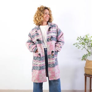 Vintage Fair Isle Jacket Coat, Vintage long wool fleece blanket coat, Vintage oversized southwestern coat, Boho retro blanket jacket, L XL