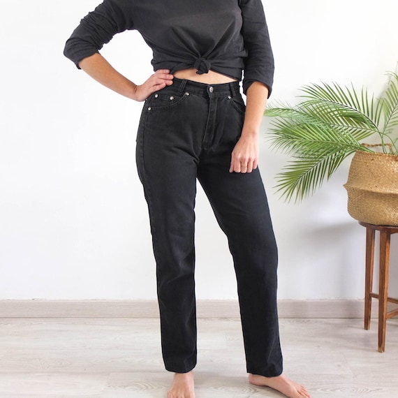 Vintage 80s 90s high waist black jeans, 90s black mom jeans, Vintage tapered leg jeans 27" waist, 1990s black high rise jeans, Size Medium