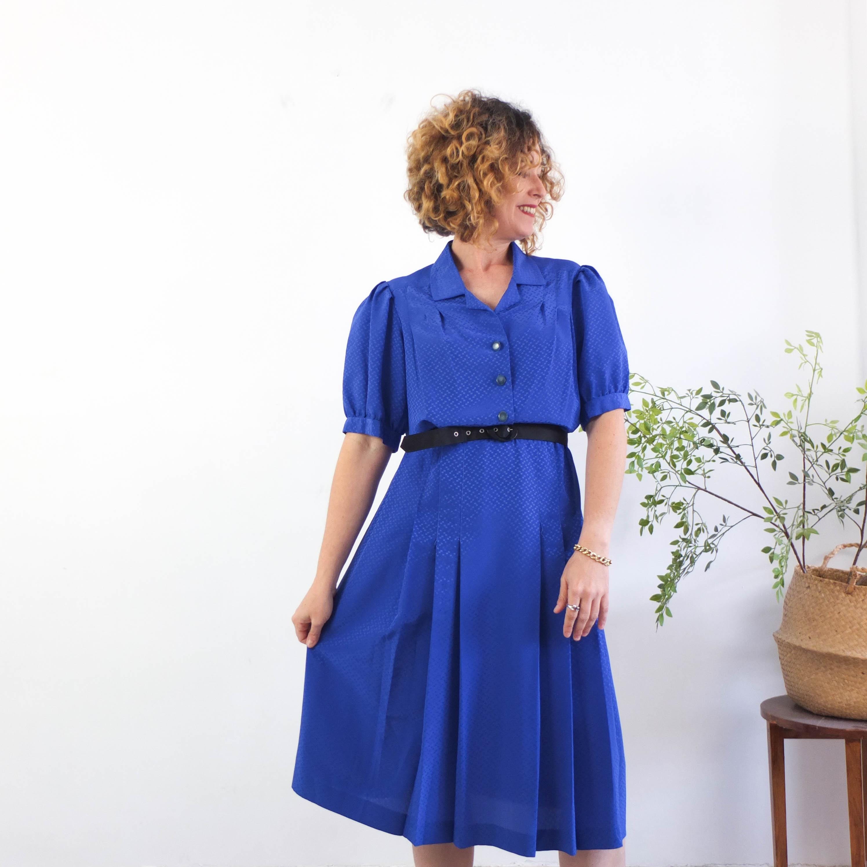 80's Royal Blue Puff Sleeve Dress - Etsy