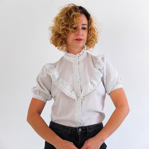 white high neck ruffle blouse