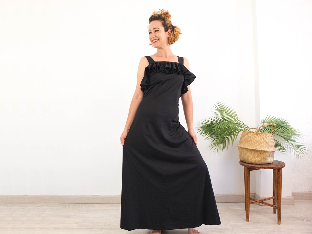Vintage 70s Black Ruffled Maxi Sundress, 1970s Black Evening Maxi Gown ...