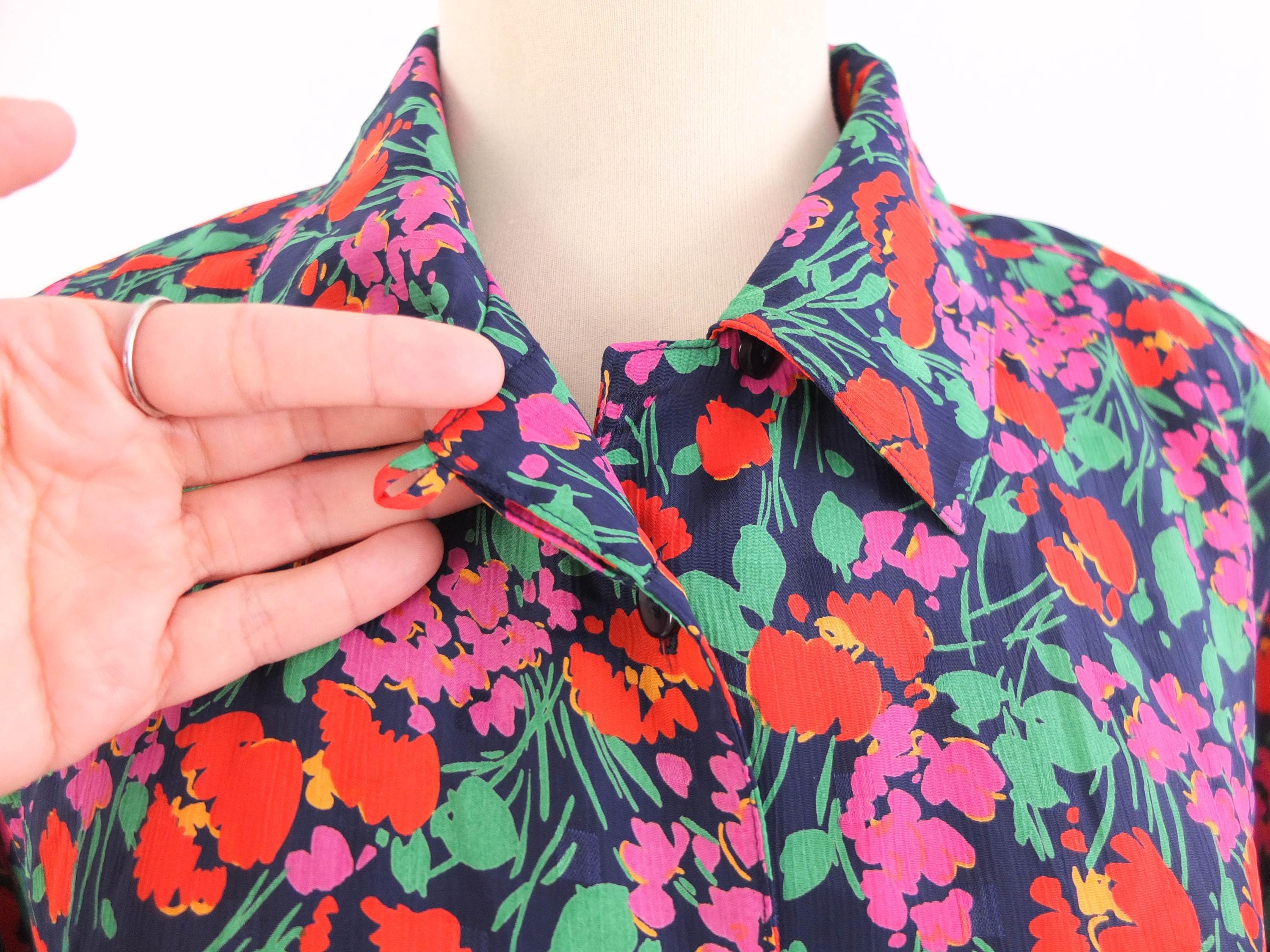 Vintage 80s Bright Floral Button Blouse, Colorful Floral