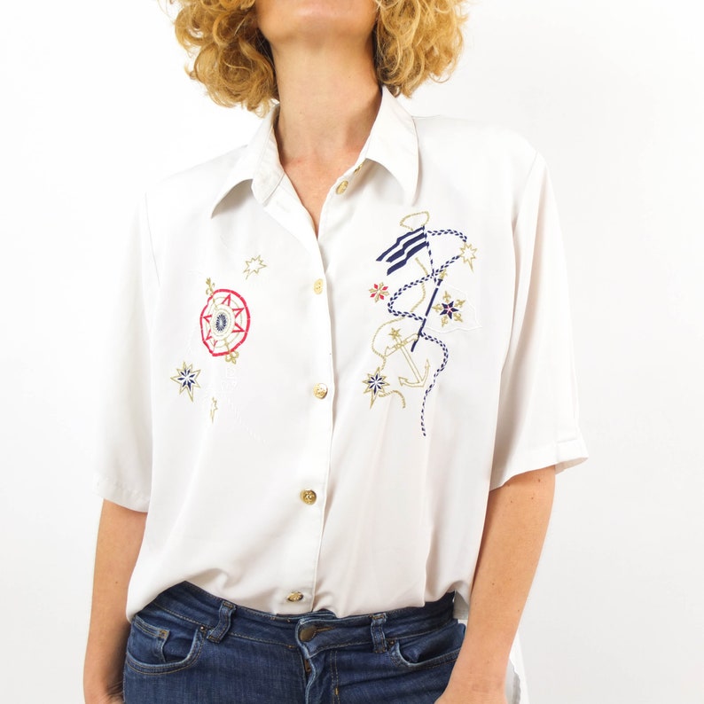 Vintage White Embroidered Shirt 90s Women White Short Sleeve - Etsy