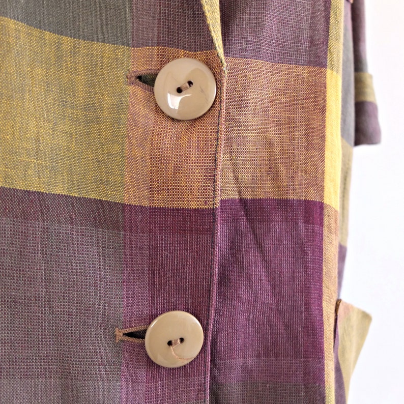 Burgundy mustard check tartan blazer Vintage plaid linen blazer jacket 1990s short sleeve light blazer Vintage 90s plaid oversized blazer