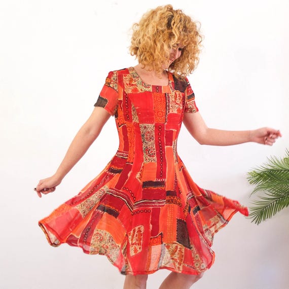 red grunge dress Vintage 90s mini dress, Vintage floral mini dress, Summer boho indian short sleeve, 90s day skater breezy dress Size Medium gothic black and red dress
