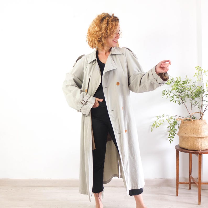 Vintage 90s khaki long trench coat, 1990s casual classic trench for women, 90s oversized trench coat, Vintage light duster trench Size Large image 5