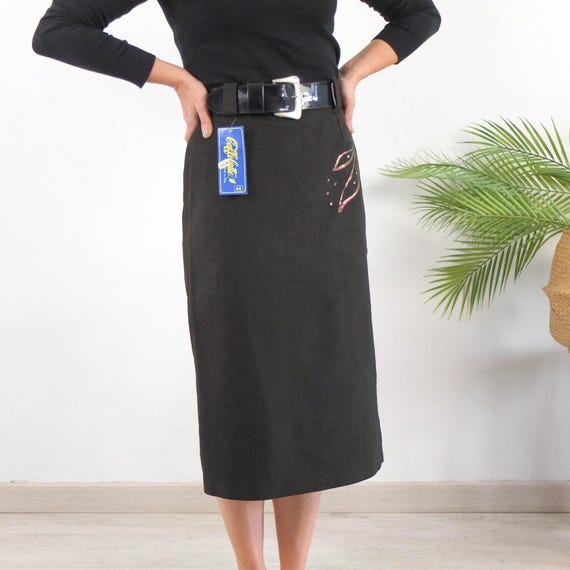 Vintage 80s black pencil midi skirt, 1980s black party evening pencil skirt, 80s belted skirt, High waist black skirt Size Medium women