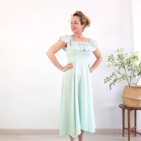 fitted lace wedding dress 50’s Mint Green Flower Print Fit And Flare Style Dress main image 1