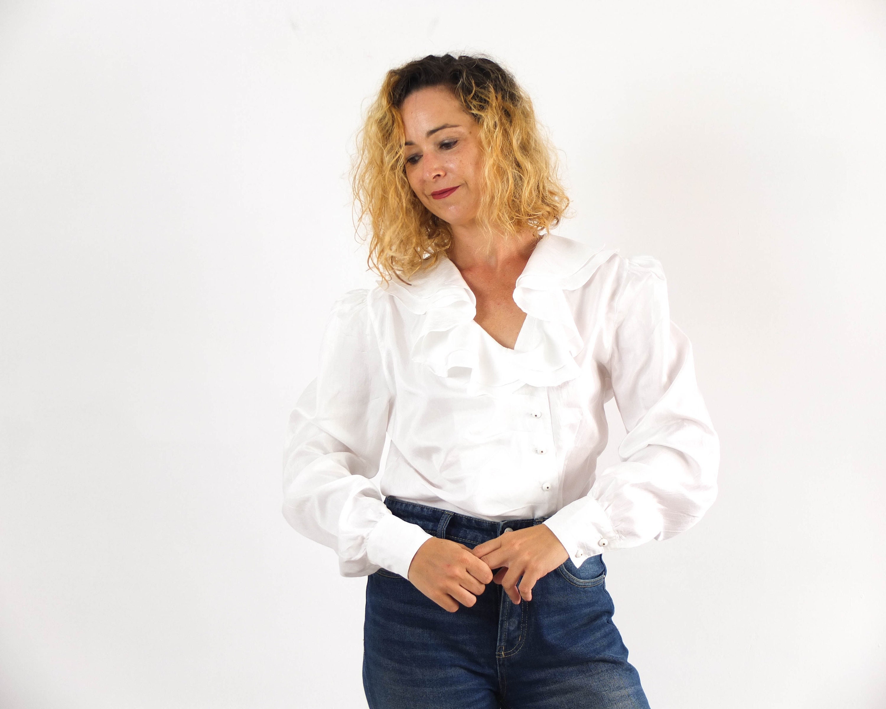white satin ruffle blouse