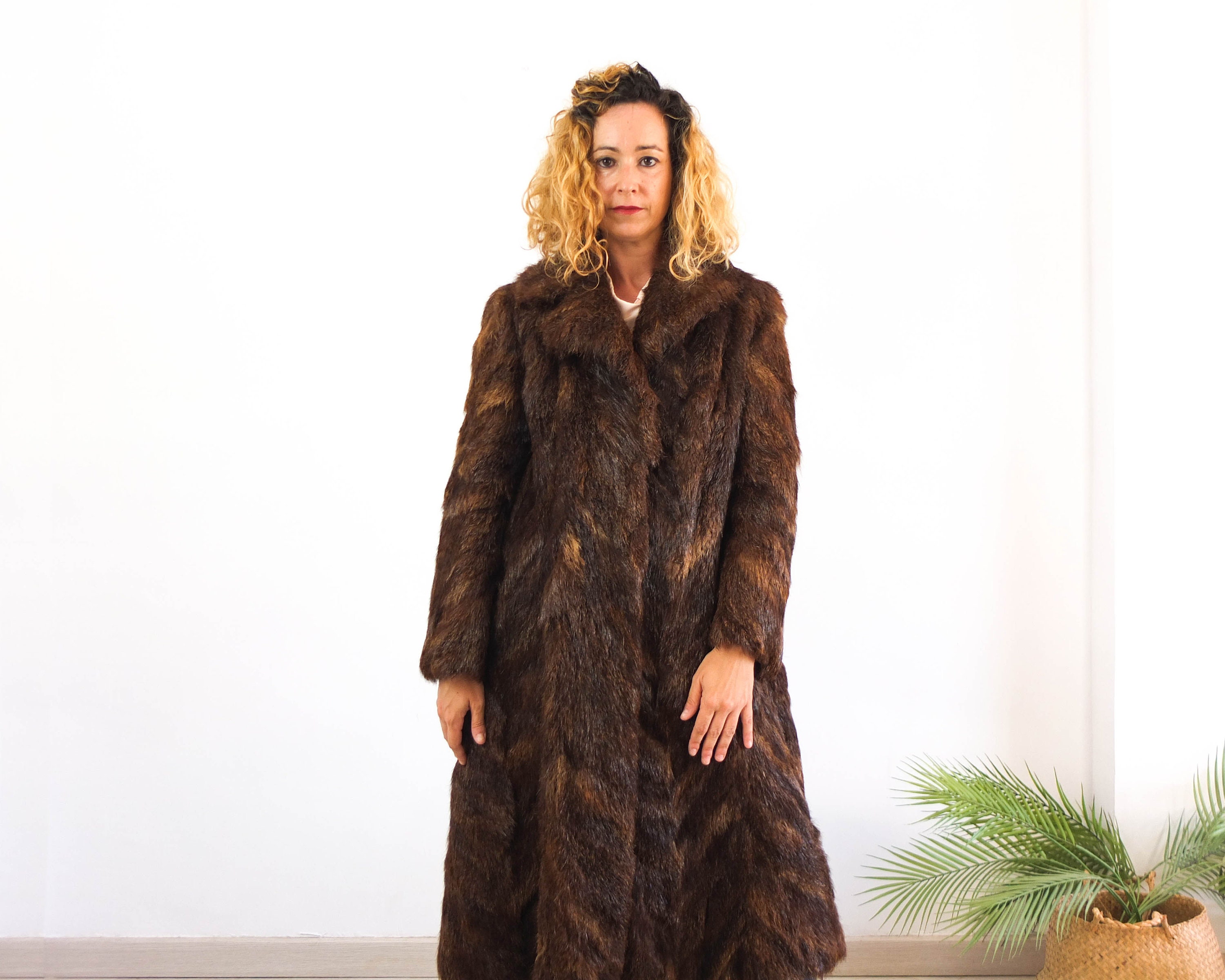 Vintage 80s Brown Long Fur Coat, Vintage Real Fur Coat for Women