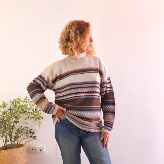 Vintage 90s grunge turtleneck sweater, 1990s retro wool oversized sweater, Vintage multicolor striped geometric knit sweater, Size M L