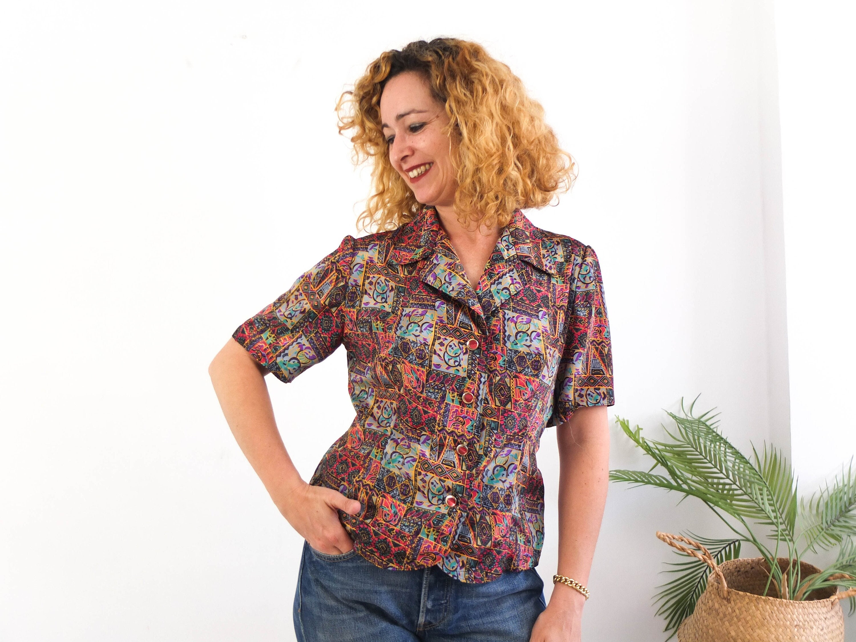 Vintage 80s secretary abstract blouse, 80s retro short sleeve blouse, Colorful Summer retro blouse, 1980s abstract collared blouse, Medium