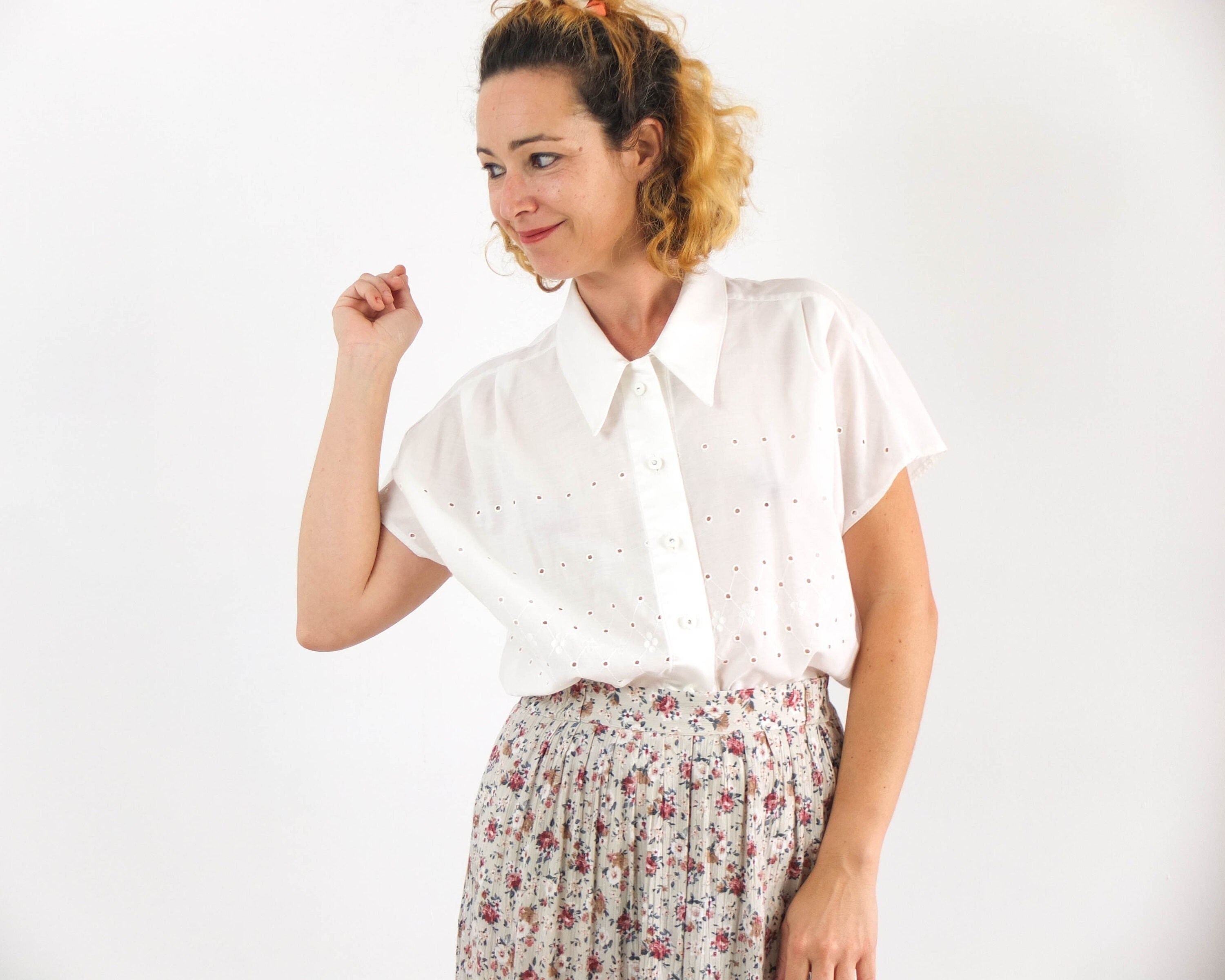 トップス Vintage 80s white cotton lace blouse Vintage 80s White Cotton Blouse With Embroidered, 80s White