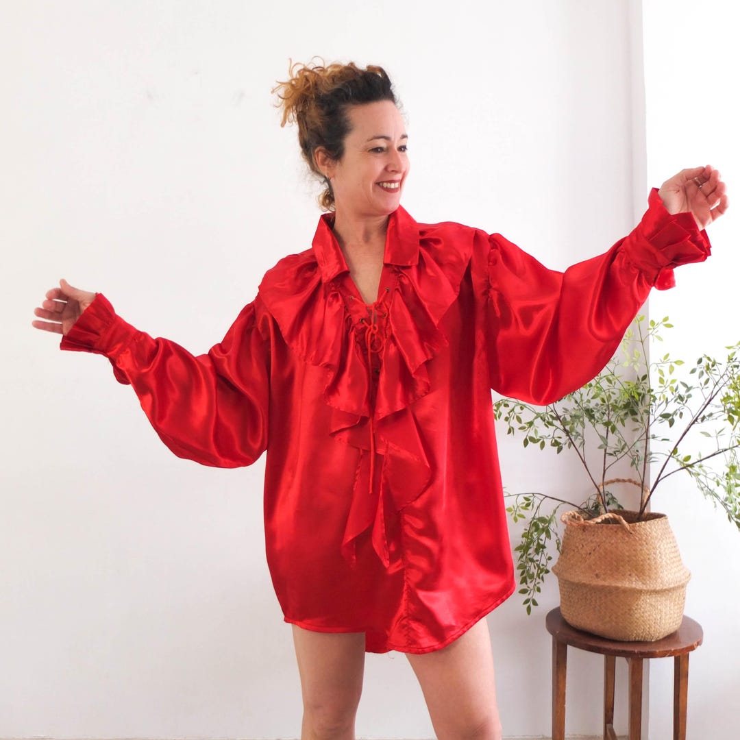 Vintage Costume Victorian Ruffled Blouse Plus Size, Red Liquid Satin ...