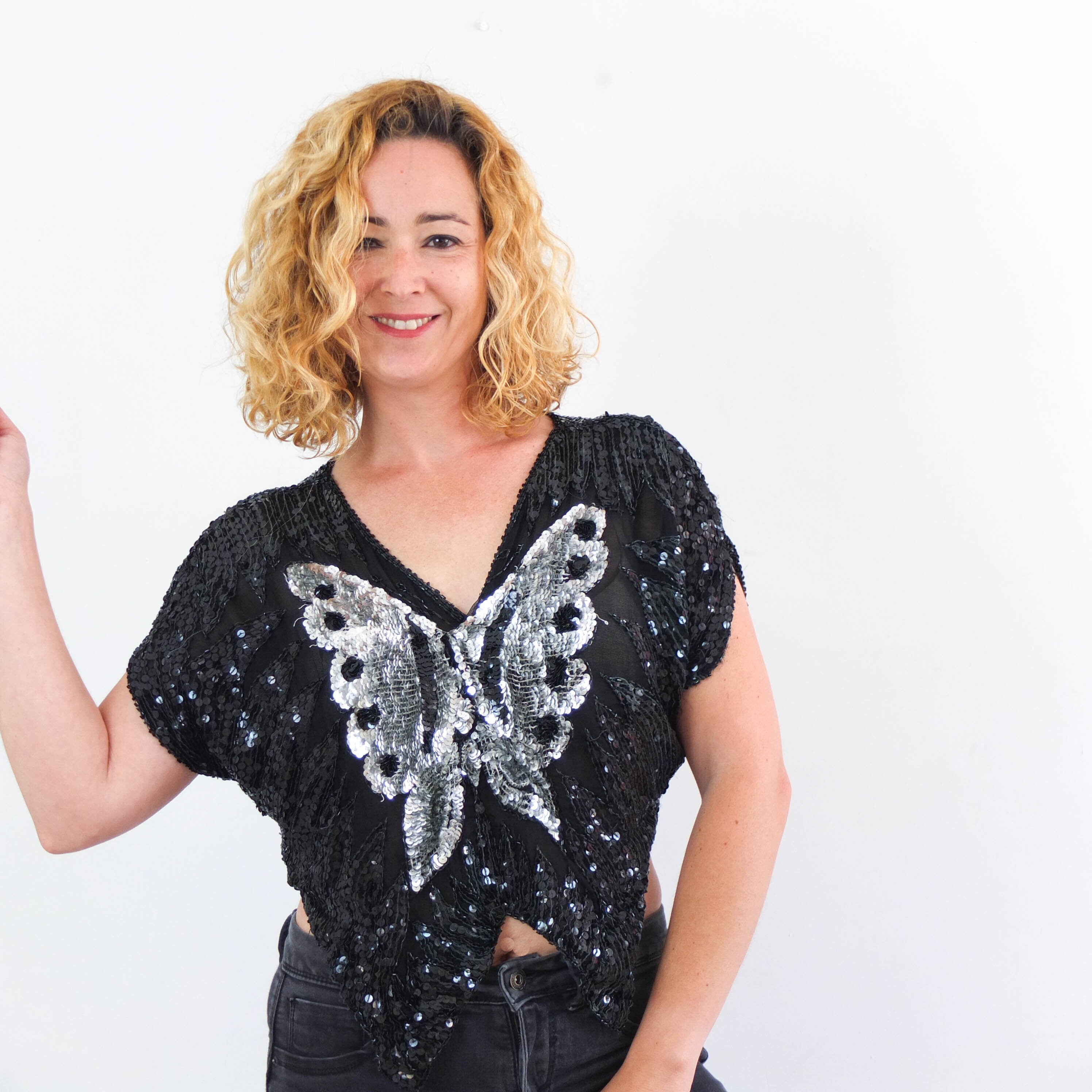 Vintage 80s Sequin Butterfly Top, 80s Disco Sequin Top