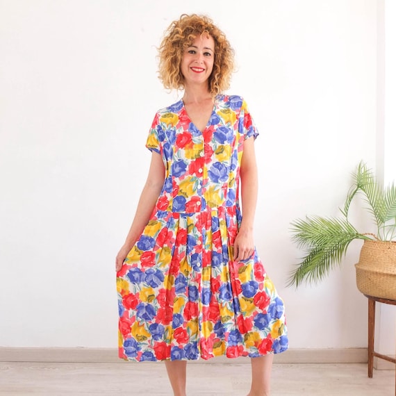 Vintage 90s floral maxi dress with short sleeve, 1990s button down dress, Vintage grunge long dress, 90s button maxi sundress, Size Large XL Vintage 90s floral maxi dress with short sleeve, 1990s button down dress, Vintage grunge long dress, 90s button maxi sundress, Size Large XL