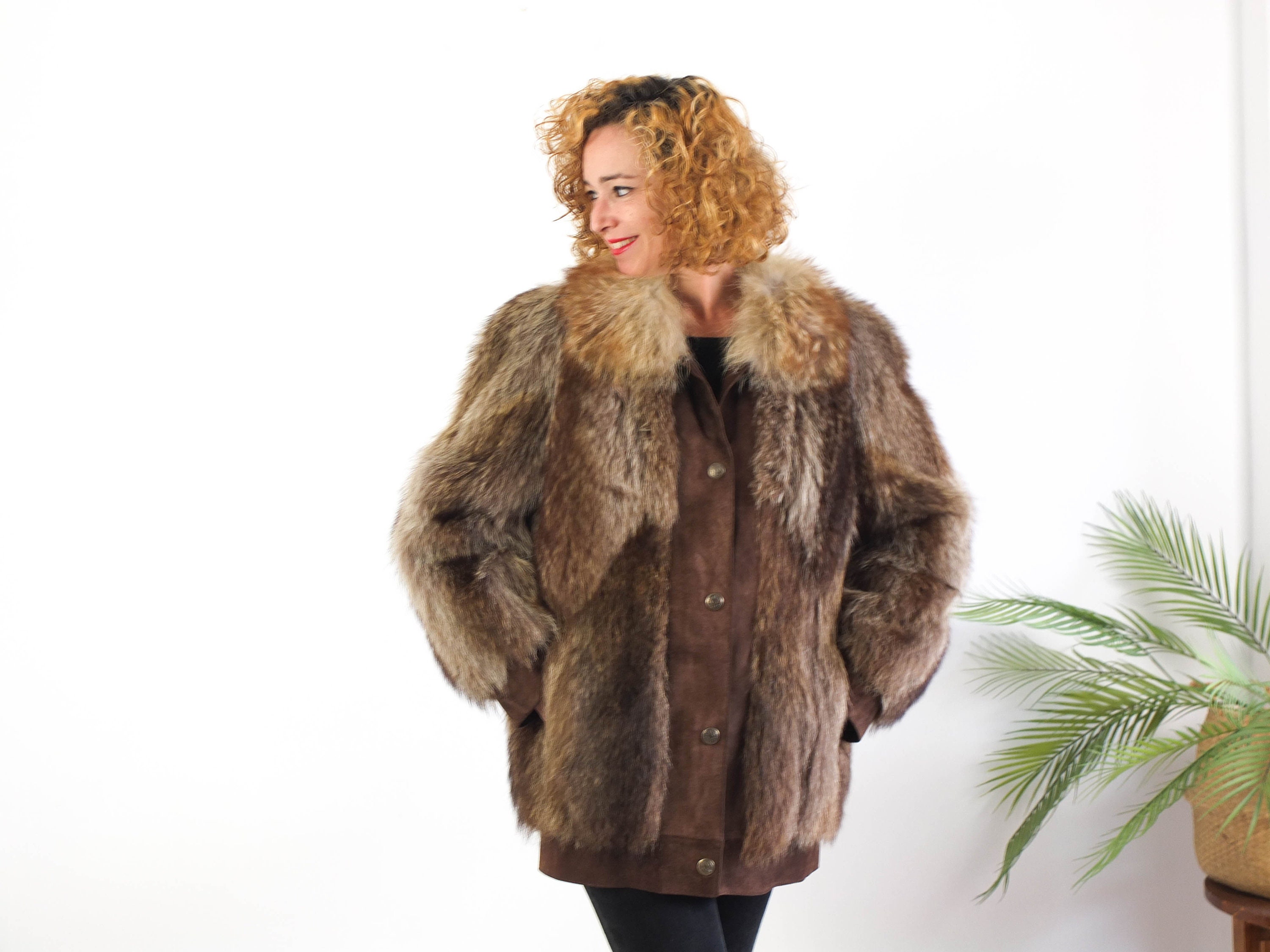 ヴィンテージ80年代本革＆ファーコートレディース、80年代オーバー