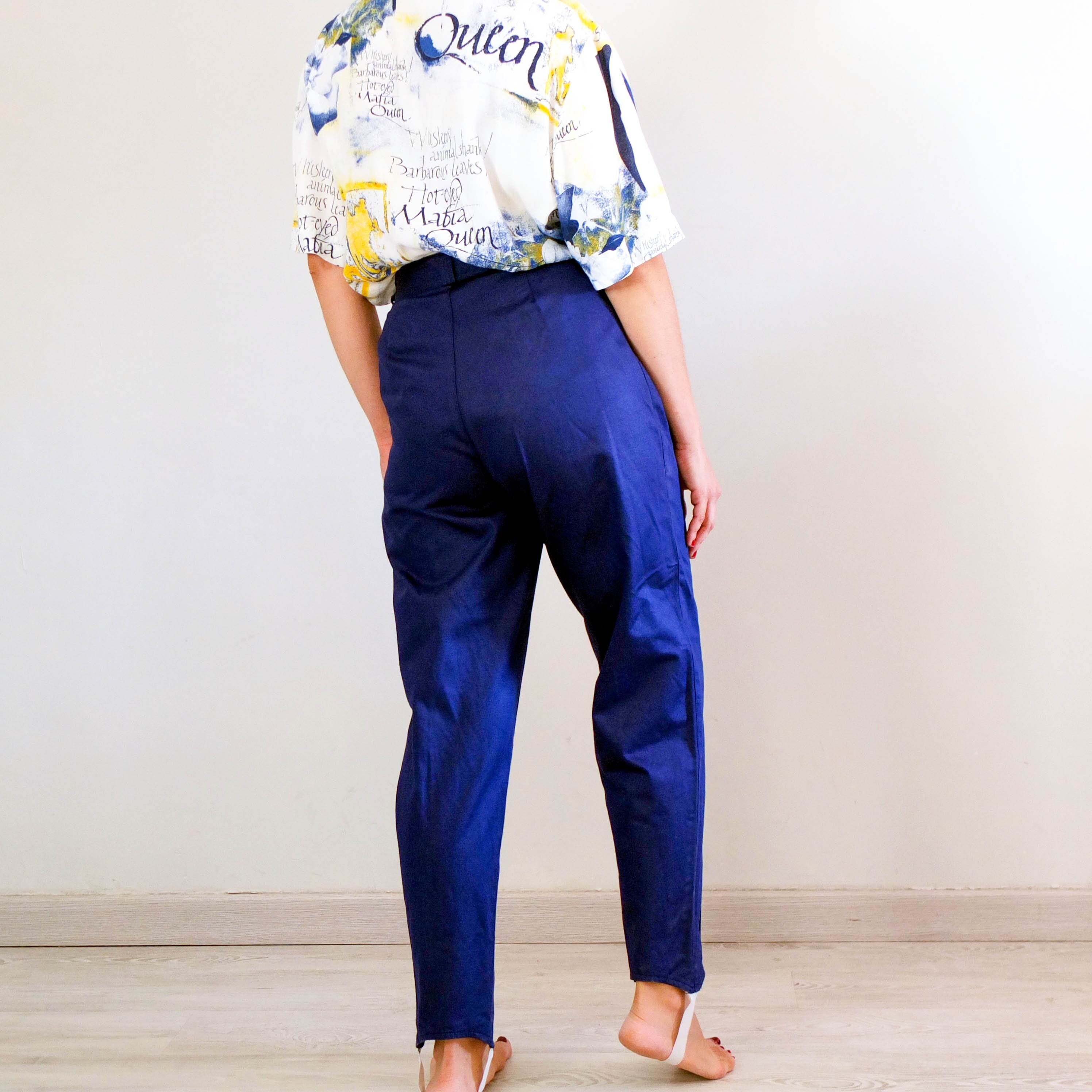 【80s】Euro Vintage 1tuck Trousers Optizip Vintage 80s Navy Blue Cotton Trousers, 80s Stirrup Pants