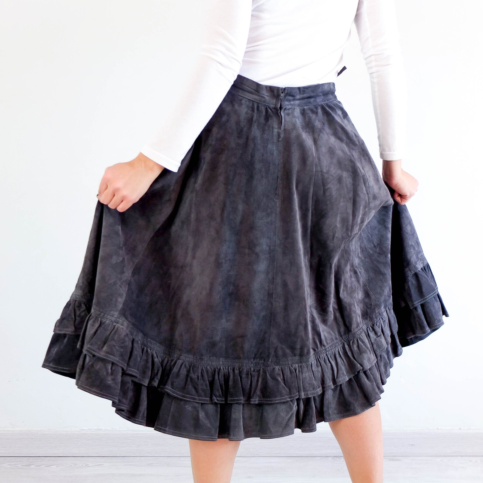 Vintage 80s Plus Size Black Leather Skirt Vintage Black Suede Etsy