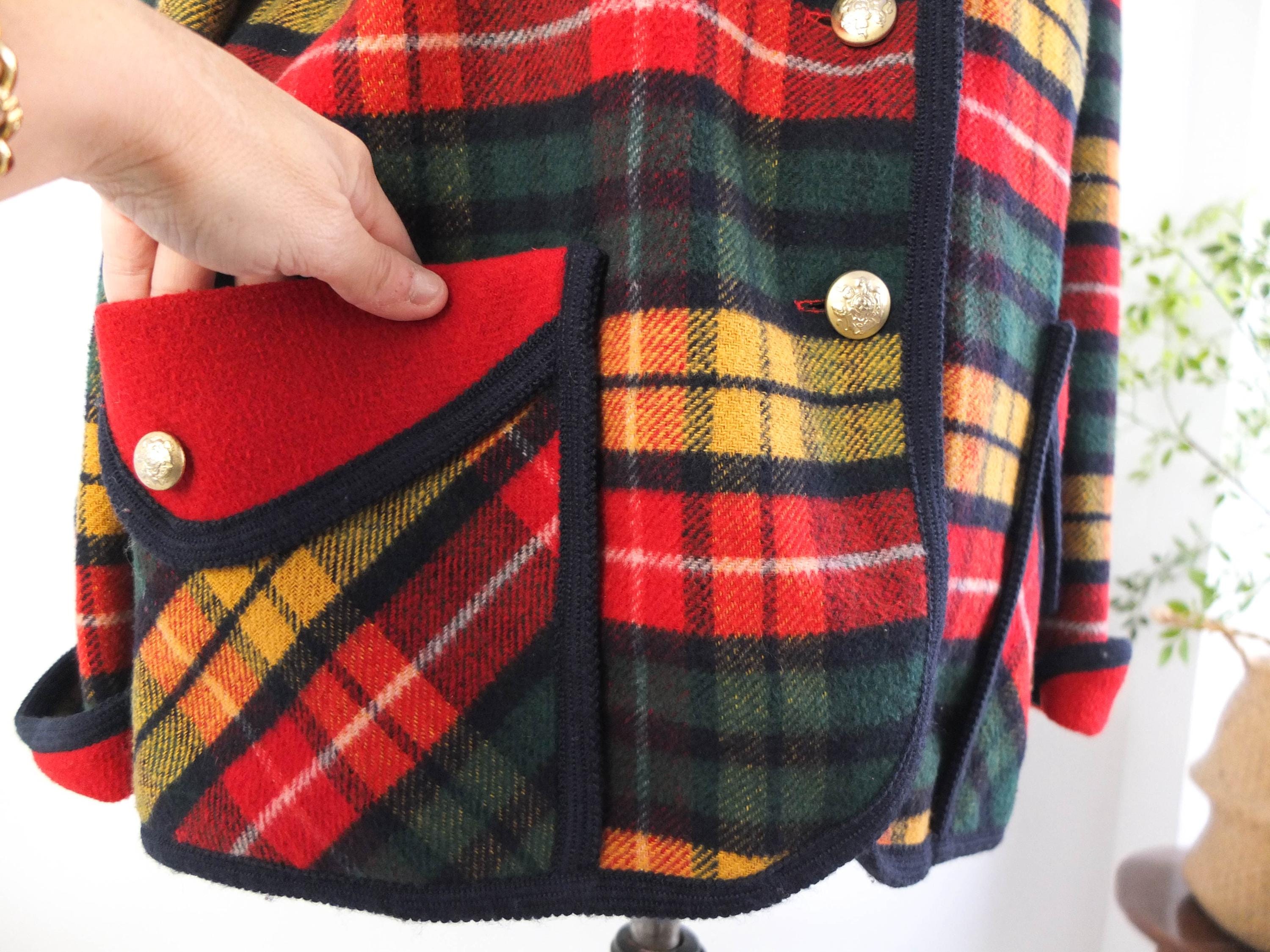 Vintage Plaid Wool Short Coat, 80s Tartan Plaid Wool Jacket Coat