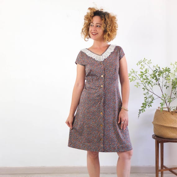 Vintage 70s Floral Midi House Dress, Vintage Retro Home Dress, 70s Loungewear Robe Dress, 70s Floral Psychedelic Floral Home Dress, L - XL