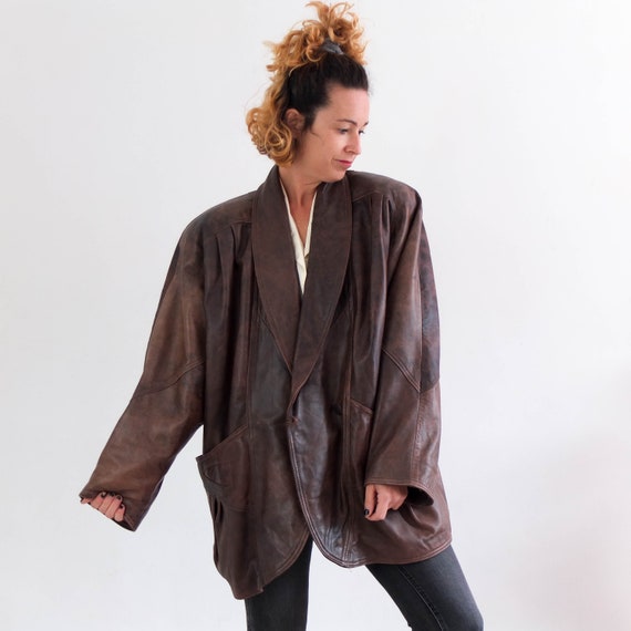 Vintage 80s brown oversized leather jacket coat, V