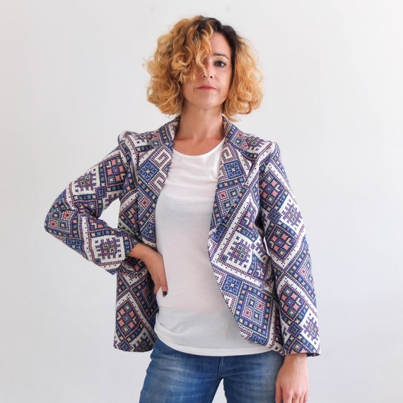 Vintage 90s Boho Aztec Jacket Cotton Woven Blanket Jacket 90s