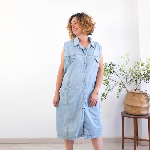 90s denim dress style Vintage plus size maxi dress, grunge button down jean dress, Women size 2XL denim dress, 90s western jean sleeveless size 2X Color:As Photo（Sky Blue） it is perfect for HolidayDressing25 Buy XS 70s Boho
