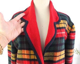 Vintage Plaid Wool Short Coat, 80s Tartan Plaid Wool Jacket Coat