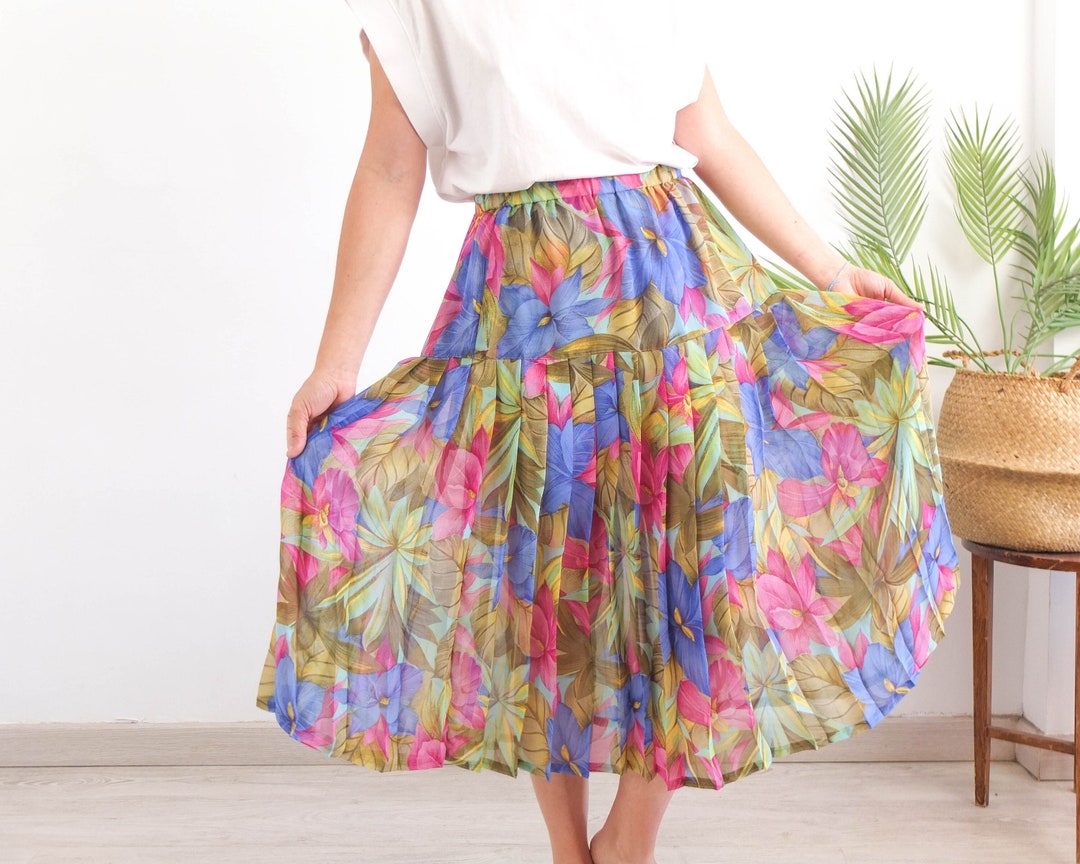 Vintage Floral Chiffon Midi Skirt, 80s Floral Pleated Maxi Skirt, 1980s ...