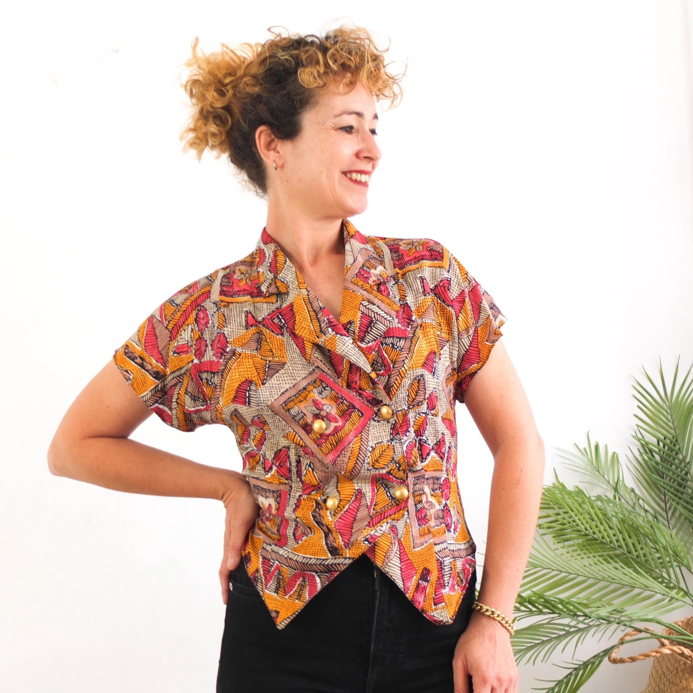 Vintage 80s New Wave Abstract Cropped Blouse, 1980s Retro Double
