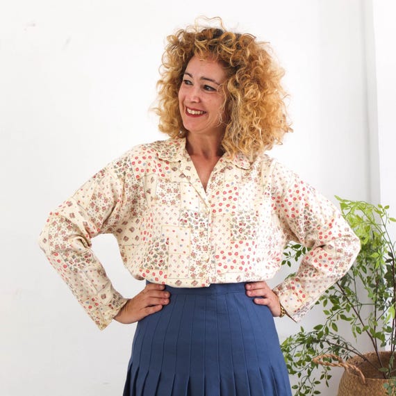 Vintage 80s Cottagecore Button Down Shirt, 1980s Floral Patchwork 