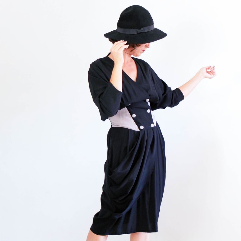 Vintage wrap double breasted dress Vintage 80s New wave black color block dress 80s bicolor bat sleeve draped dress 80s dress size large