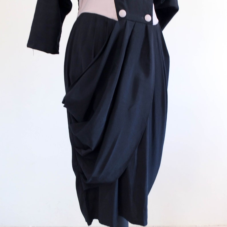 Vintage wrap double breasted dress Vintage 80s New wave black color block dress 80s bicolor bat sleeve draped dress 80s dress size large