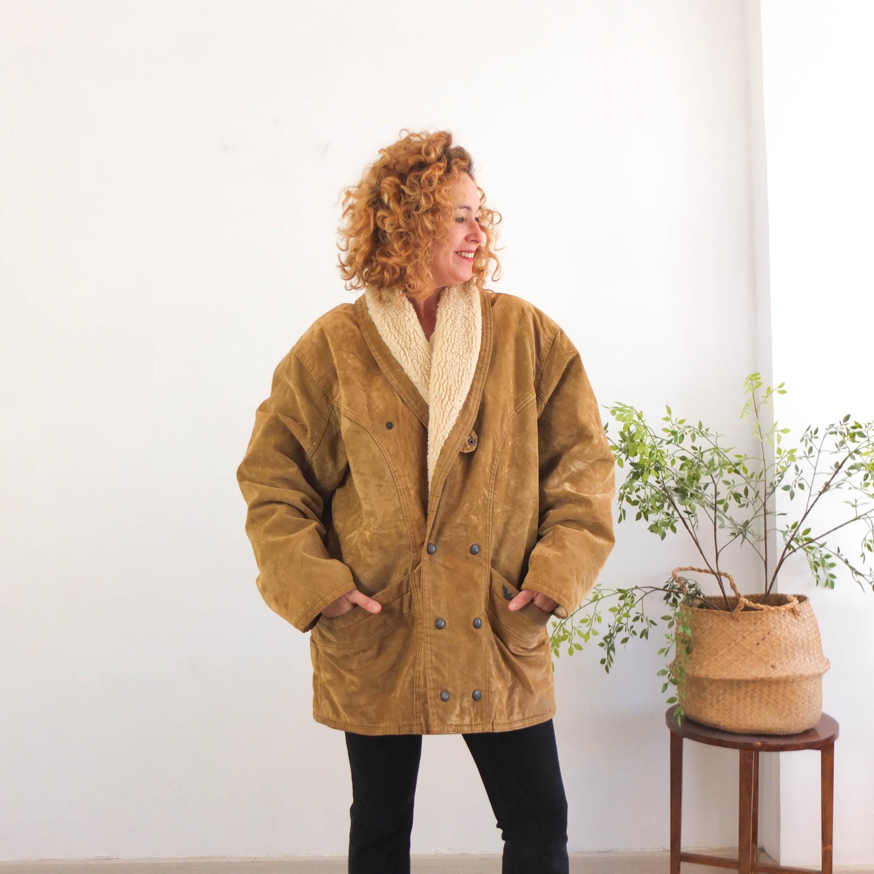 Vintage Brown Shearling Coat, Southwestern Faux Suede Sherpa Coat