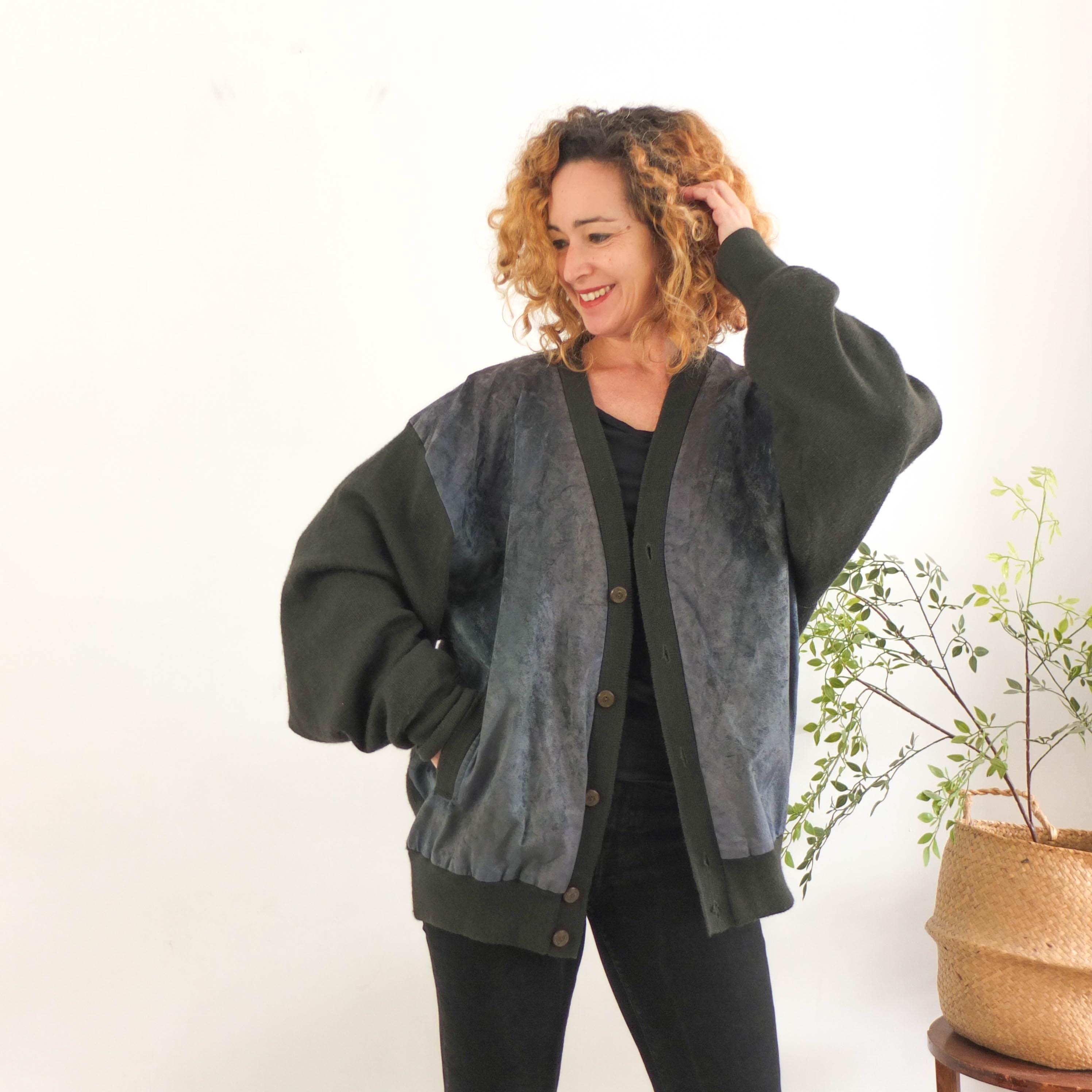 Vintage 80s 90s Green Wool Oversized Cardigan, Vintage Suede