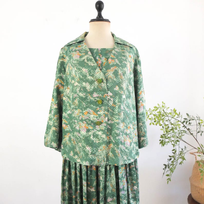 Conjunto vintage de los años 80 con vestido y chaqueta floral, conjunto de dos piezas de vestido de verano con chaqueta ligera de los años 80, traje de cárdigan a juego de los años 80 XL 2XL imagen 13