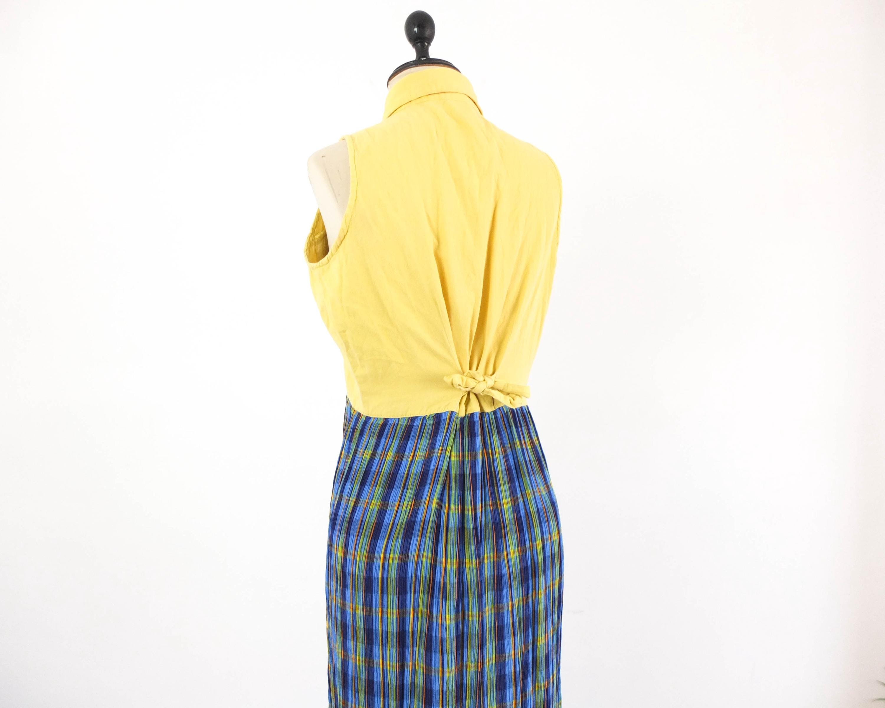 Vintage 90s grunge plaid maxi dress, Vintage checked button up dress, Vintage yellow blue plaid sundress, 90s plaid long dress size M L