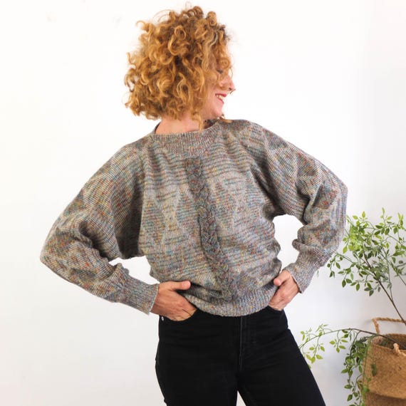 Vintage 80s Retro Knit Sweater Women, 80s Wool Batwing Sleeve