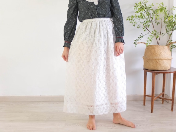 Vintage 70s Prairie White Maxi Lace Skirt, 1970s Bohemian Lace