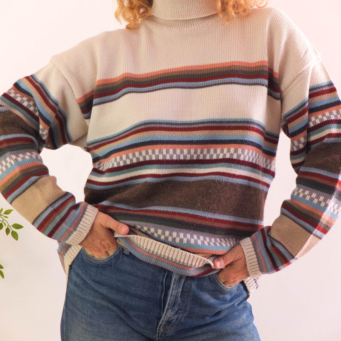 Vintage 90s grunge turtleneck sweater, 1990s retro wool oversized sweater, Vintage multicolor striped geometric knit sweater, Size M L, photo 3 of 5